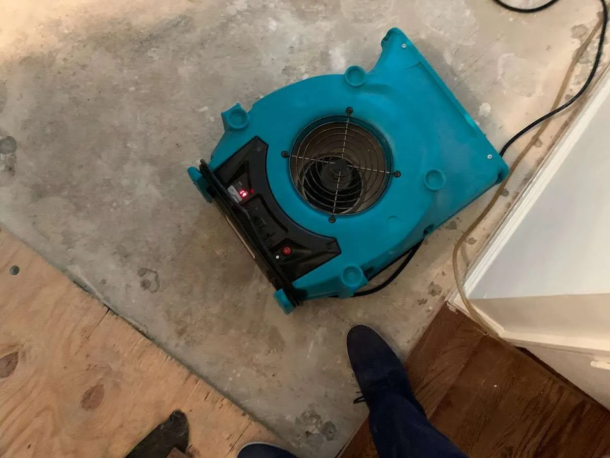 Air mover drying subfloor during Leak Detection & Repair in Niskayuna